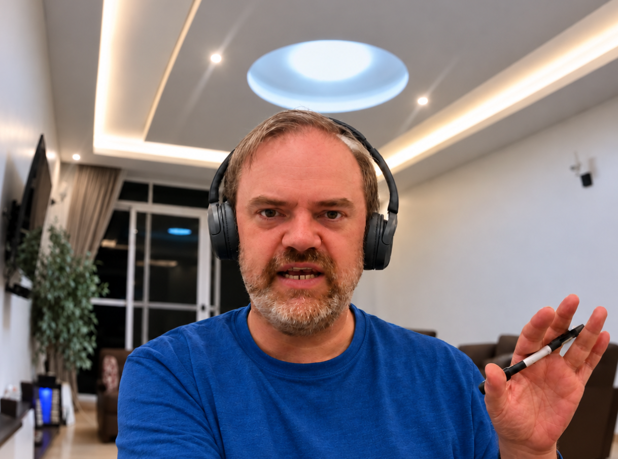 Matt Jope in a blue shirt, wearing headphones and holding a pen